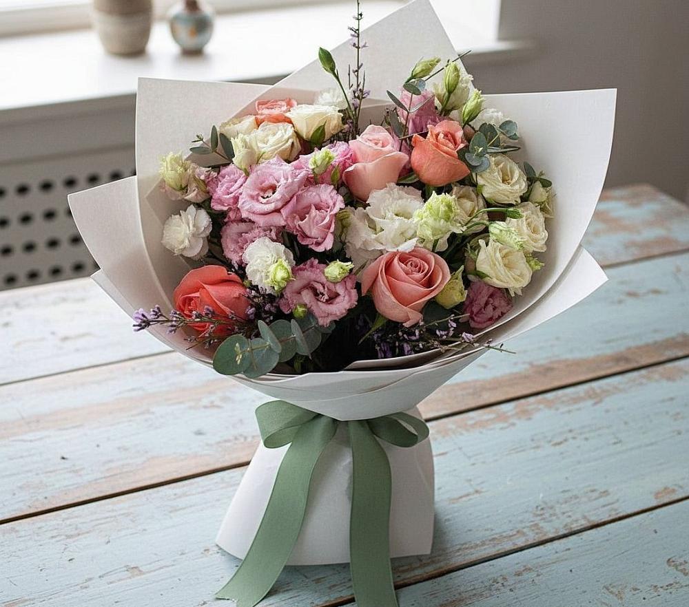 Букет цветов из: Розы, Лизиантусы и Гвоздики в Первомайске