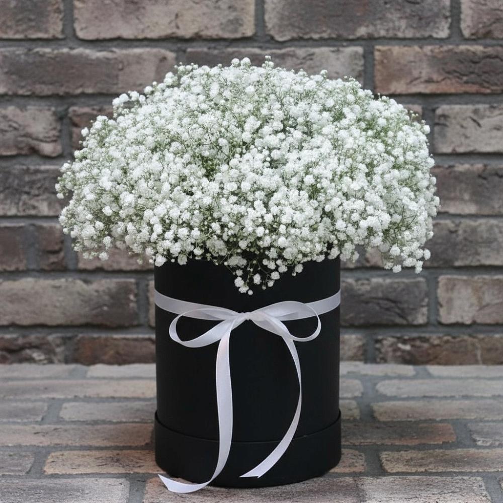 Цветочная композиция из Гипсофила в шляпной коробке в Первомайске